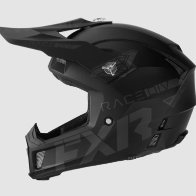 Capacete negro de motocross com design robusto e aerodinâmico