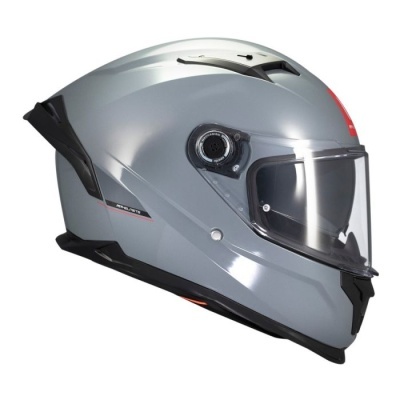 Capacete integral cinzento prateado com viseira transparente e detalhes pretos e vermelhos