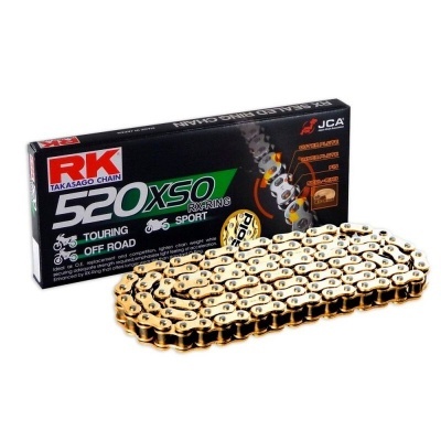 Corrente para motocicleta dourada com caixa preta RK Takasago Chain 520XSO