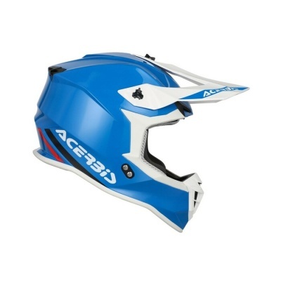 Capacete de motocross azul com detalhes brancos e vermelhos