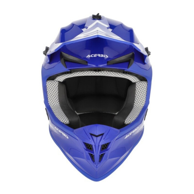Capacete de motocross azul com acolchoado interior cinzento e preto e marca ACERBIS