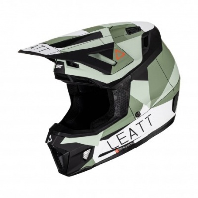 Capacete integral de motocross verde, branco e preto com logótipo LEATT