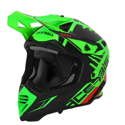 Capacete de motocross verde neón e preto com gráficos e marca Acerbis