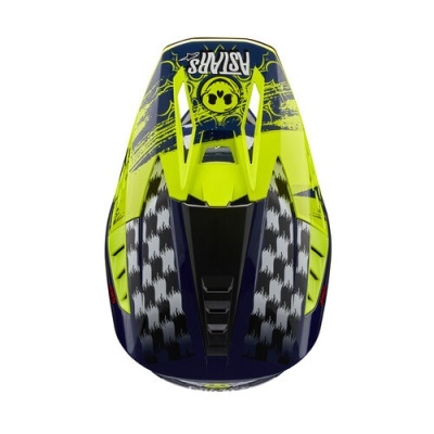 Capacete azul escuro e amarelo neon com texto ASTARS e símbolo