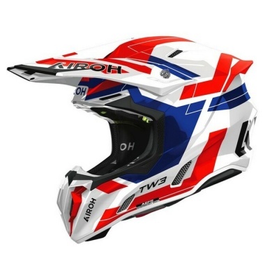 Capacete motocross vermelho, branco e azul com texto AIROH e TW3