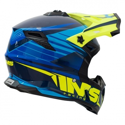 Capacete integral azul, amarelo e preto com texto MS racing