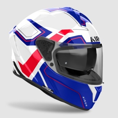 Capacete integral de motocicleta branco, azul e vermelho com viseira escura e texto Airoh