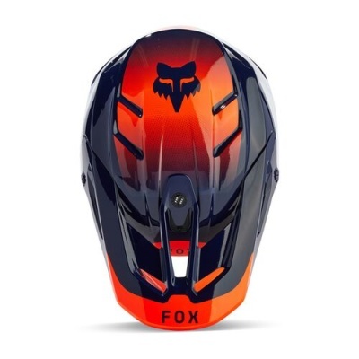 Capacete preto, vermelho e laranja com logótipo e palavra FOX