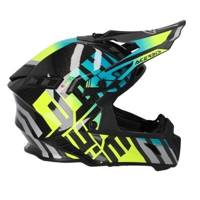 Capacete de motocross com cores preto, amarelo fluorescente, azul e cinzento com a marca ACERBIS