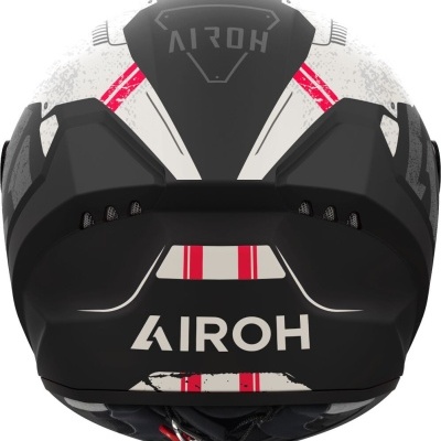 Capacete de motociclista AIROH preto, branco e vermelho visto de costas