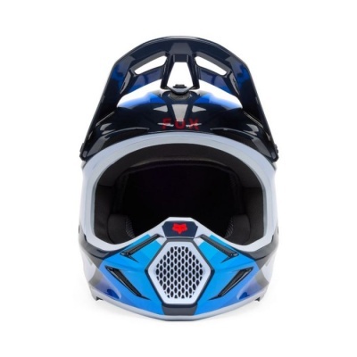 Capacete integral motocross preto, azul e branco com padrões e grelha frontal