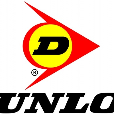 Logótipo da marca Dunlop com triângulo vermelho e círculo amarelo