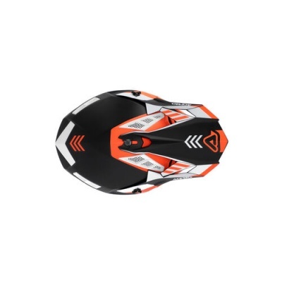 Capacete de mota preto, laranja e branco com padrão gráfico