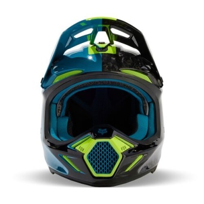 Capacete motocross azul, verde fluorescente e preto com interior acolchoado