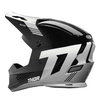 capacete integral preto e branco com texto THOR e SECTOR