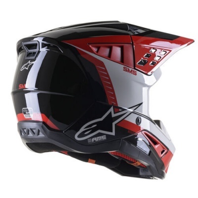 Capacete de motocross preto e vermelho com detalhes brancos