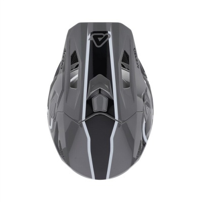 Capacete de motocross cinza com detalhes em preto e branco e logo ACERBIS.