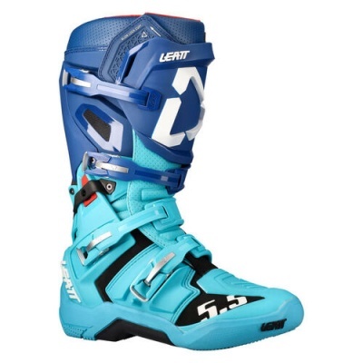 Bota motocross azul-claro e azul-escuro Leatt com fivelas e detalhes em preto e branco