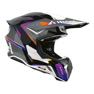 Capacete motocross preto e cinza com letras AIROH e detalhes coloridos