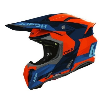 Capacete de motocross laranja e azul com texto KIROH e TW3