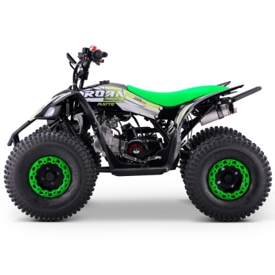 Quad ATV preto e verde com assento verde brilhante e texto ROAN RACING RATTE 125cc