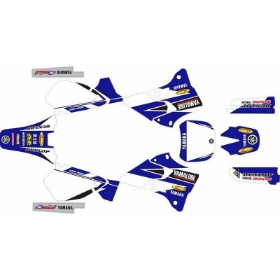 Autocolantes azuis e brancos para mota com texto YAMAHA, YAMALUBE e DUNLOP