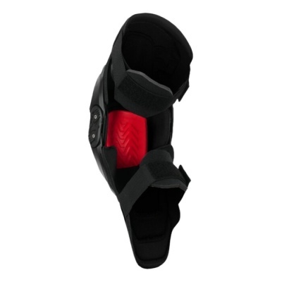 Proteção para joelho preta com interior vermelho e tiras de velcro