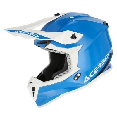 Capacete azul e branco para motocross com a marca ACERBIS