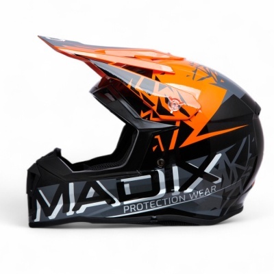 Capacete de proteção MADIX personalizado com padrão geométrico laranja, preto e cinzento