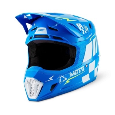 Capacete azul para motocross com detalhes amarelos e brancos