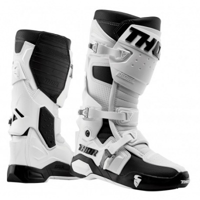 Botas de motocross brancas e pretas com fivelas e texto THOR