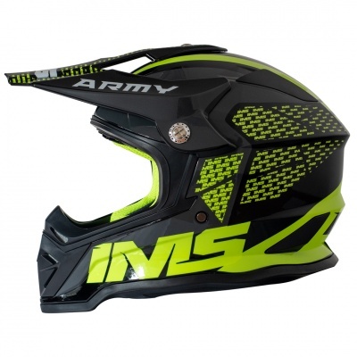 Capacete de motocross preto e verde com visor e inscrições