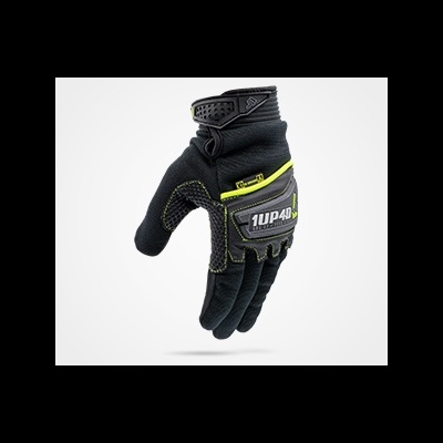 Luva preta para motociclista com detalhes amarelo-limão e etiqueta '1UP40'