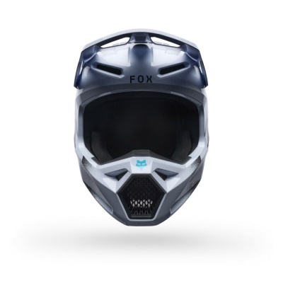 Capacete integral cinzento e preto com texto FOX e logótipo azul claro