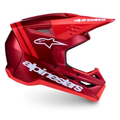 Capacete de motocross vermelho Alpinestars com logotipos brancos e viseira
