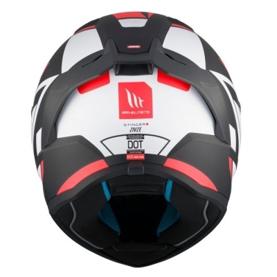 Capacete de moto branco, preto e vermelho visto de trás