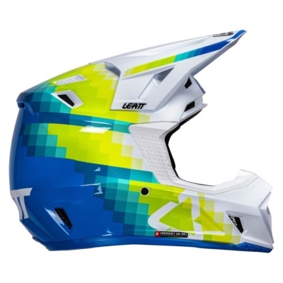 Capacete de motocross Leatt com padrão pixelado azul, verde, amarelo e branco