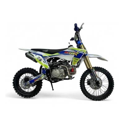 Moto de cross azul, branca e amarela com adesivos e pneus robustos