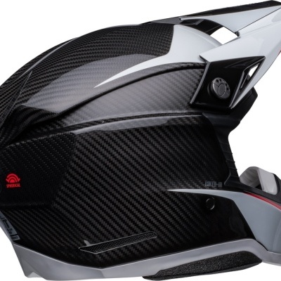 Capacete motociclismo fibra carbono preto com detalhes brancos e vermelhos
