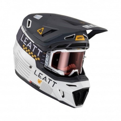 Capacete integral de motocross preto, branco e cinzento com óculos rosados LEATT