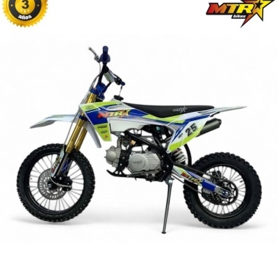 Motocross infantil com cores branco, verde e azul, número 25 e selo de garantia de 3 anos