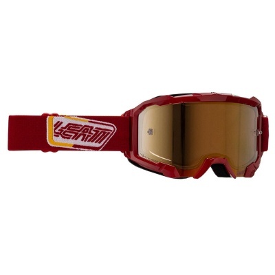 Máscara de proteção vermelha com lentes douradas espelhadas e cinta elástica com logótipo