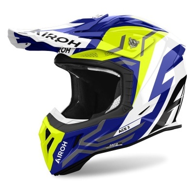Capacete integral de motocross azul, amarelo e branco AIROH ACE 2