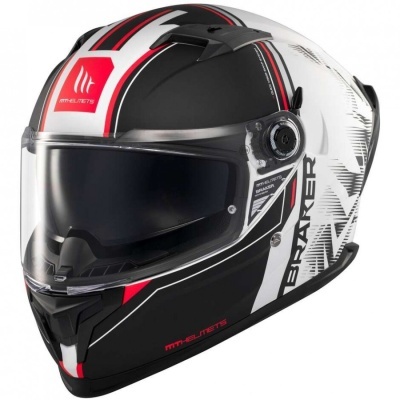 Capacete integral para moto preto, branco e vermelho com viseira escura.
