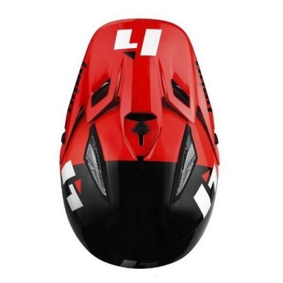 Capacete de bicicleta vermelho e preto com detalhes brancos visto de cima
