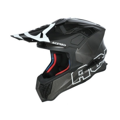 Capacete de motocross carbono preto com detalhes brancos e interior acolchoado vermelho e azul