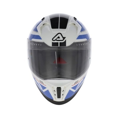Capacete integral branco com detalhes azuis e pretos
