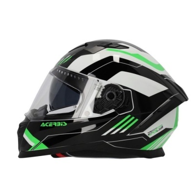 Capacete integral preto com detalhes verdes e brancos e visor transparente