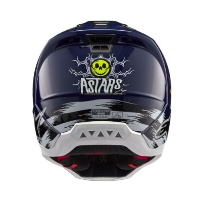 Capacete de motocross azul escuro com caveira amarela e texto ASTARS