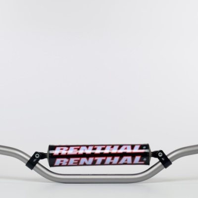 Guiador de mota Renthal em metal prateado com almofada preta e texto RENTHAL